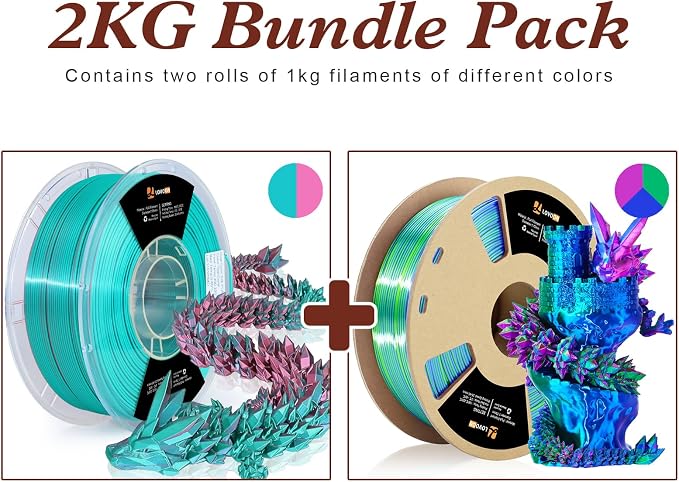 LOVOON Silk PLA 3D Printer Filament Bundle 2 KG, PLA Filament 1.75mm, Shiny