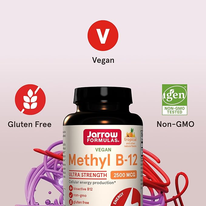 Jarrow Formulas Ultra Strength Methyl B-12, Dietary Supplement for Cellular Energy Production, 100 Tropical-Flavored Chewable Tablets, Up to a 100 Day Supply, Pack of 12