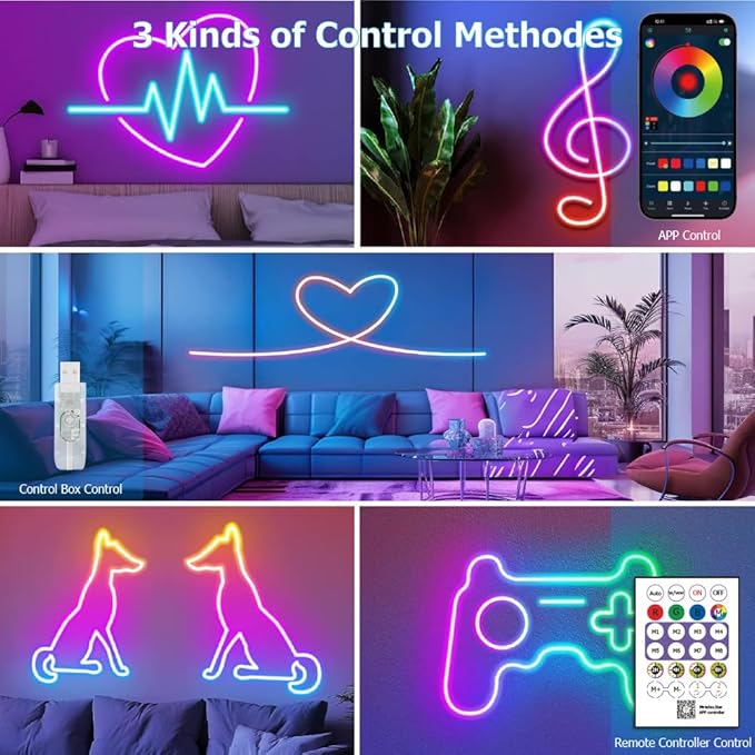 16.4ft LED Neon Rope Lights, RGB Plus IC Neon Strip Lights, IP68 Waterproof Dimmable Rope Light with APP Remote Control for Gaming Room Living Room Bedroom Indoor/Outdoor Decor
