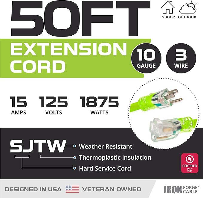 Iron Forge Cable 10 Gauge Extension Cord 50 ft, 10/3 Heavy Duty Extension Cord 50 Foot 3 Prong Lighted End, SJTW Light Green Outdoor Power Cable for Major Appliances, 15 AMP - US Veteran Owned
