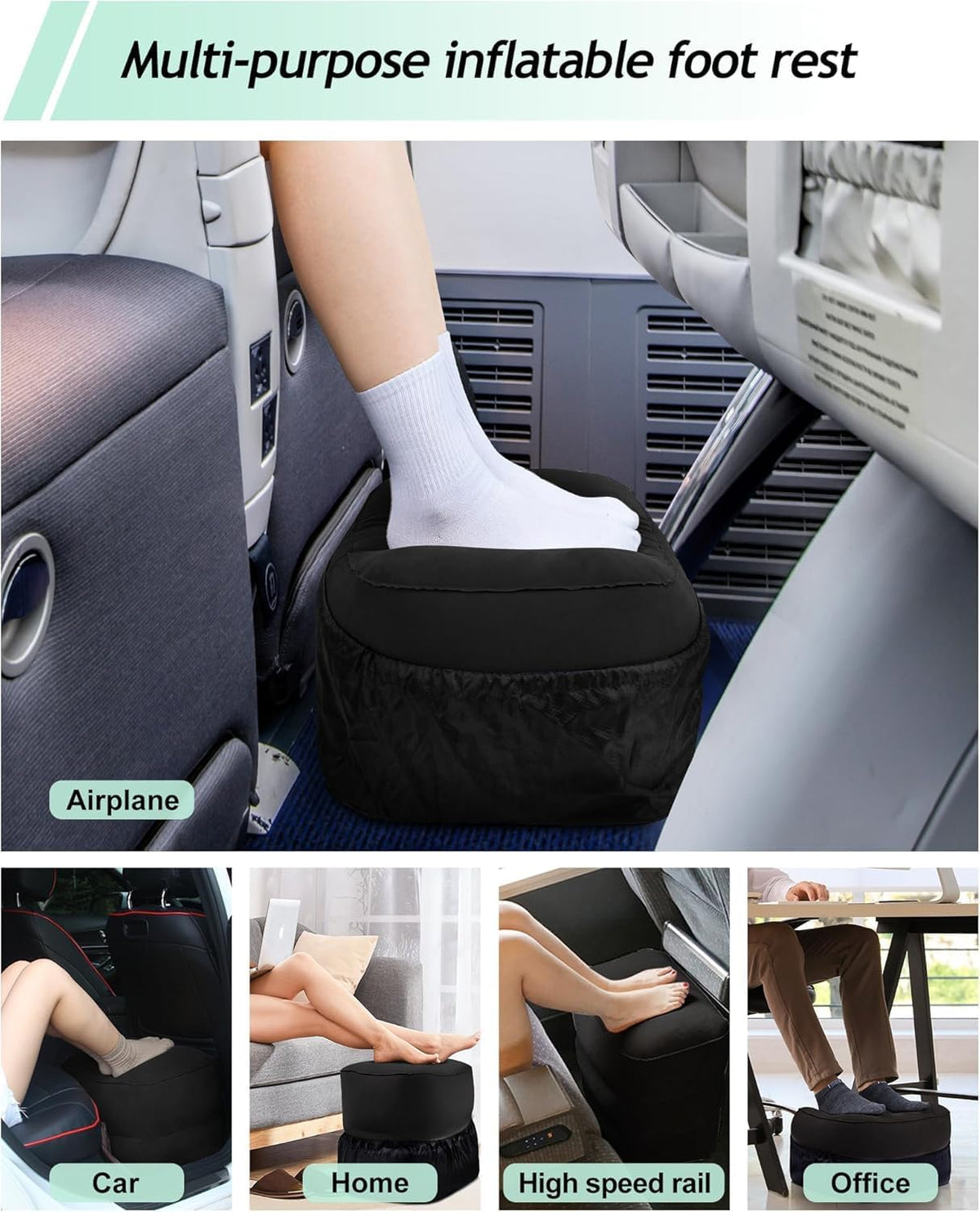 Inflatable Travel Foot Rest Pillow, Kids Airplane Bed, Adjustable 3 Layers Height Leg Rest Pillow, Adults Travel Essentials Great for Airplane, Office, Home, Trains, Cars (Black)