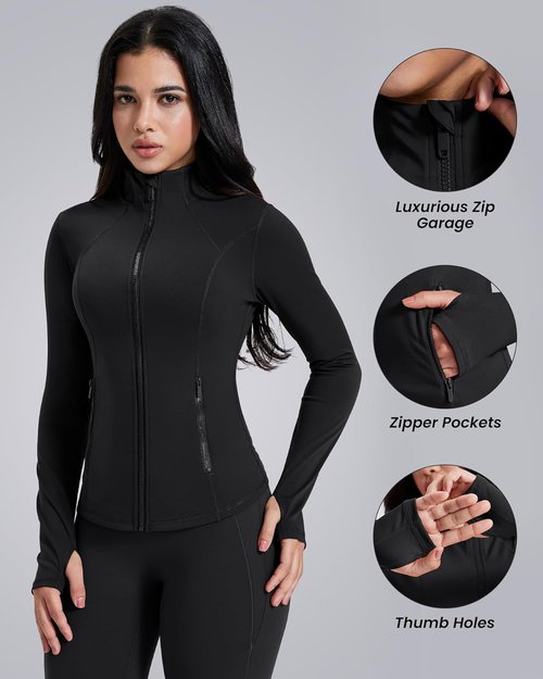AVGO Women's Lightweight Athletic Zip-Up Jacket - Slim Fit Running Gym Top with Pockets & Thumb Holes