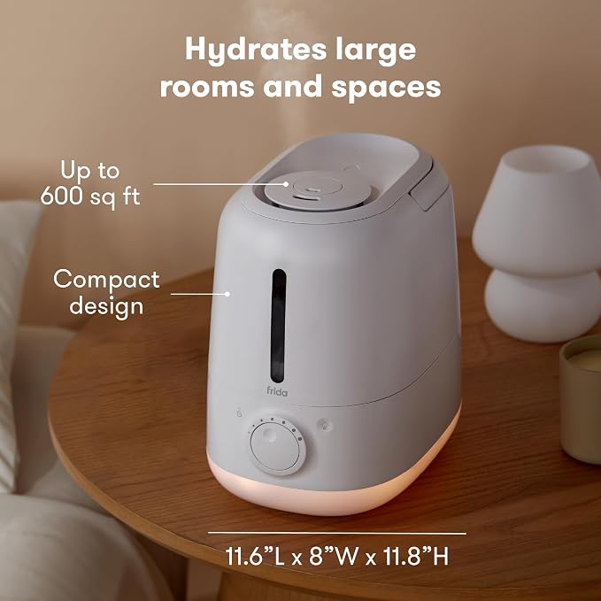 Frida Baby 3-in-1 XL Top Fill Humidifier for Bedroom, Cold & Flu Relief, 6L Tank Cool Mist Humidifier + Diffuser for Large Rooms, Mold Resistant, Nightlight, Auto-Off, Quiet, Essential Oil Diffuser
