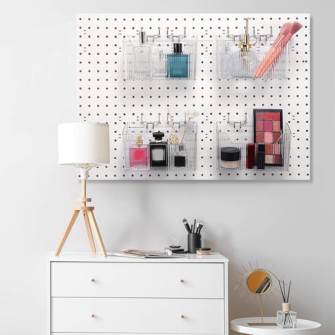 Suzile 4 Pcs Pegboard Bins Plastic Bins Set 7.9 x 3.3 x 4.7'' Pegboard Containers with Metal Hooks Organizing Assortment Accessories for Organizing Storage Tools Storage Workbench Garage (Clear)