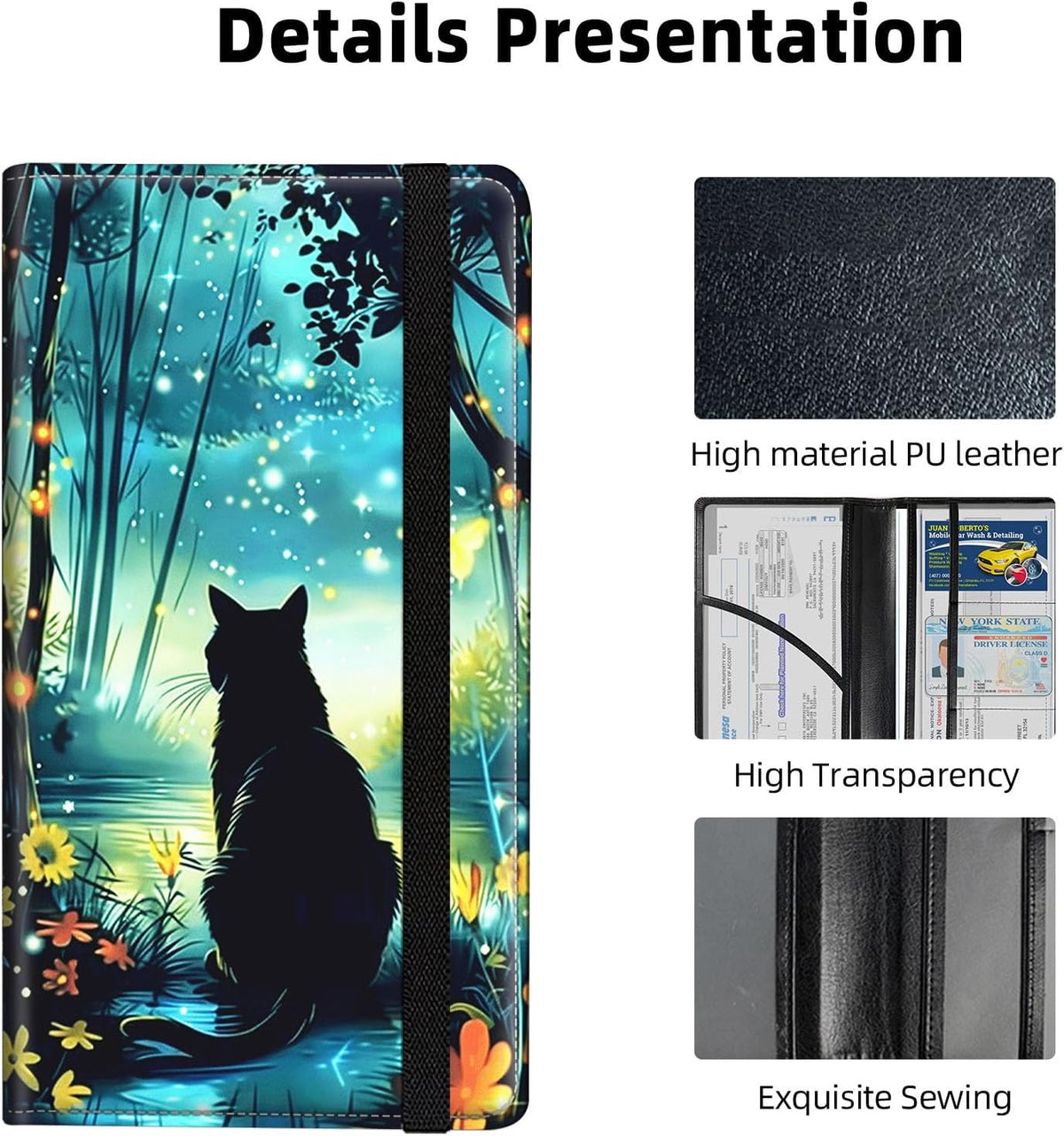 Car Registration and Insurance Holder for Women & Men Glove Box - Durable Auto Insurance Card Organizer with Easy Access,Holds Driver's License & Registration Cards,Black Cat Forest