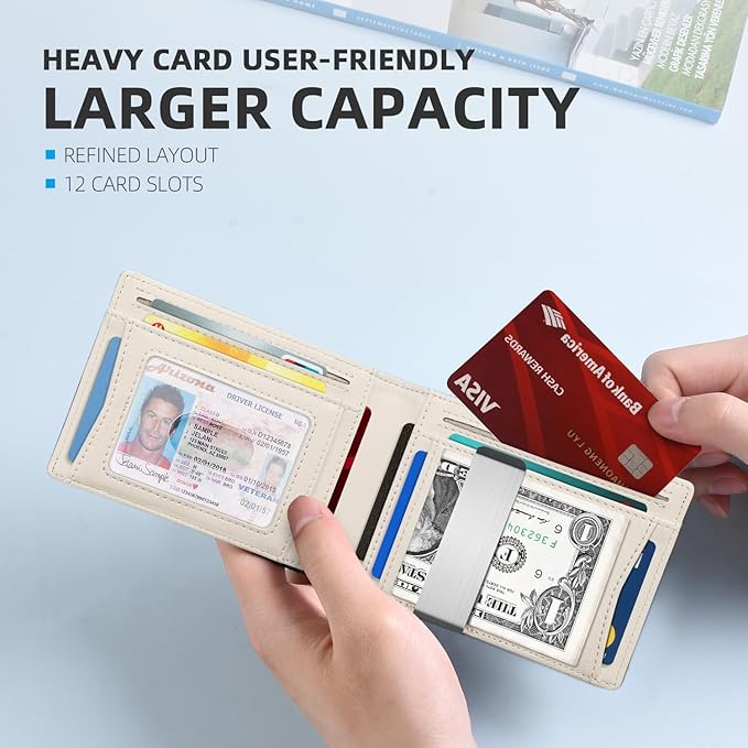 Zitahli Money Clip Wallets for Men,Slim Bifold Wallet 10-12 Cards, Mens Leather Wallet with ID Window,RFID Blocking Thin Minimalist Credit Card Holder,Gifts for Him
