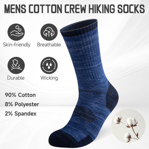 COOVAN Men's Cotton Crew Work Socks - 6 Pairs Moisture-Wicking Cushioned Athletic Socks for Hiking & Running