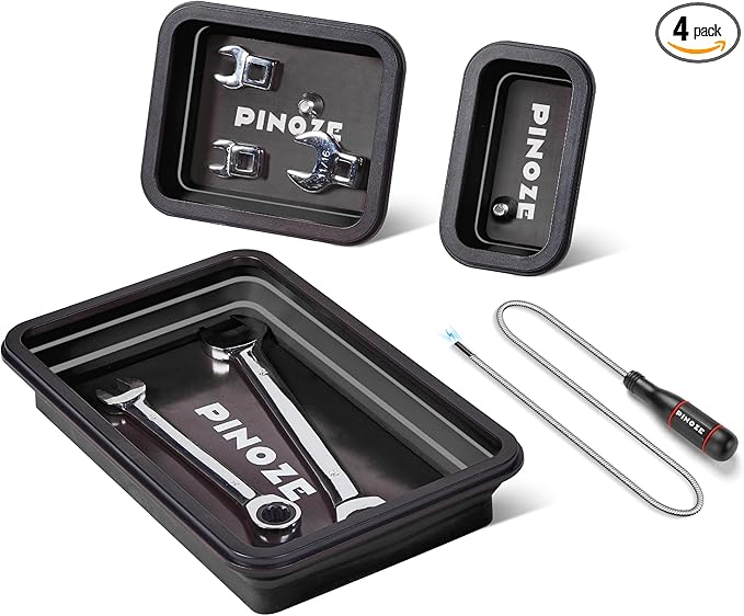Collapsible Magnetic Parts Organizer Trays & 12" Flexible Magnetic Pickup Tool, 3 Different Size Magnet Tool Trays & Pick-Up Sweeper for Screw, Bolts, Nuts, Washers, Pins and Metal Parts, Black