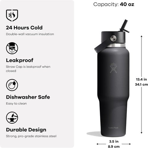Hydro Flask Travel Water Bottle - Insulated Stainless Steel with Wide Straw Lid - 40 Oz Shale Gray