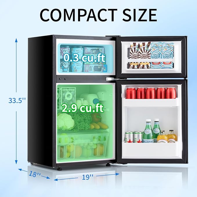 Refrigerator 3.2 Cu.Ft Mini Fridge with Freezer, 7-Temperature | Double Door Compact Refrigerator, Adjustable Thermostat & Removable Shelves for Dorm Apartment (2 Door)