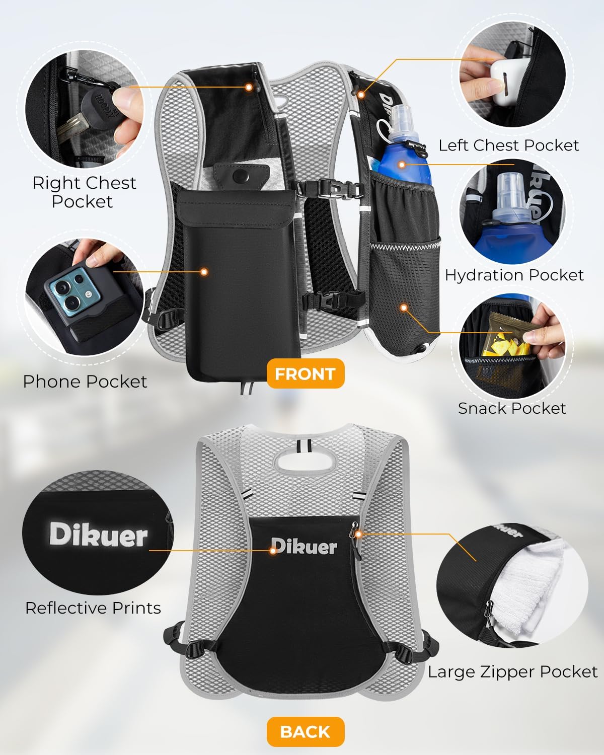 Skiennix Running Vest - Lightweight Hydration Pack with Waterproof Phone Pocket & 17oz Flask | Adjustable Reflective Design for Hiking & Jogging