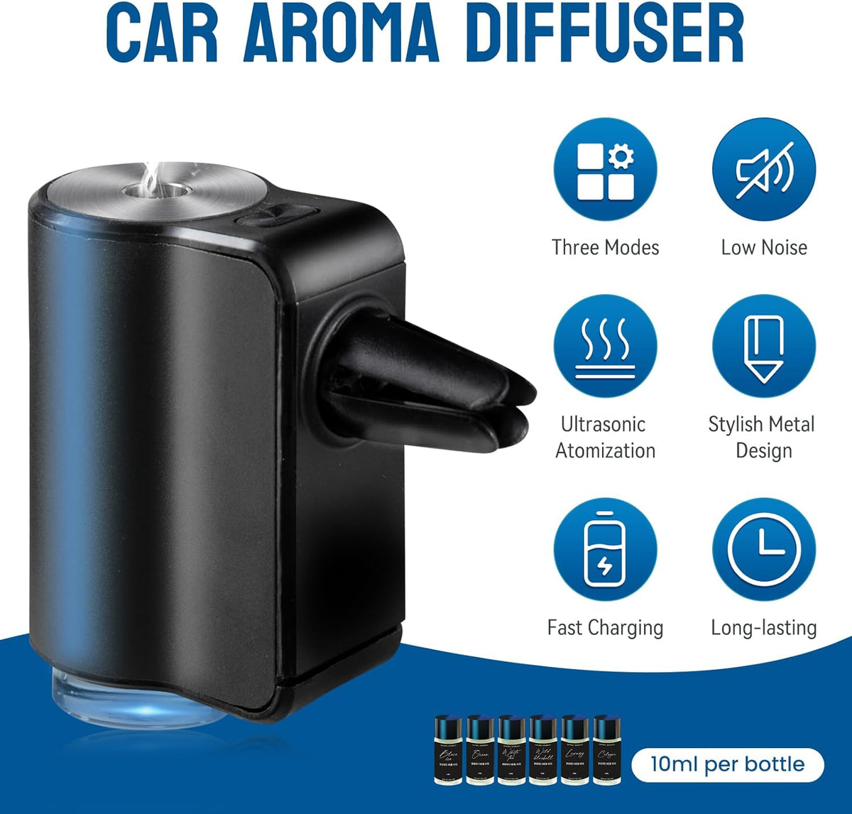 Featwell Car Air Freshener, Three Adjustable Modes Intelligent Car Aroma Diffuser, Rechargeable Car Aroma Diffuser, Black