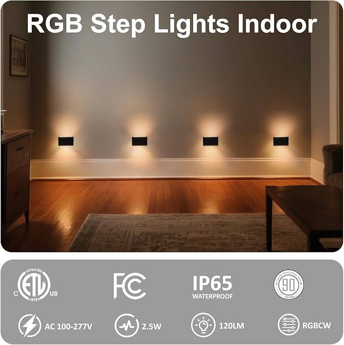 Wall Lights for Stairway Indoor Outdoor, 100V-277V Wired LED Recessed Stair Lights for Outlet Box, 2.5W Dimmable RGB Color Changing Lights for Christmas Halloween, IP65, ETL, Black, 6Pack