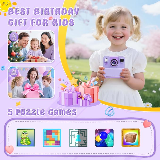 Kids Camera Instant Print with Flip Lens, 1080P HD Video Inkless Toddler