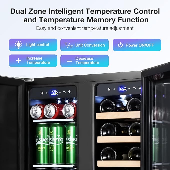 Wine and Beverage Refrigerator, 24 Inch Dual Zone Wine Beverage Cooler, Holds 20 Bottles and 88 Cans, Built-In and Freestanding, Seamless Glass Door, Under Counter Beer Wine Refrigerator