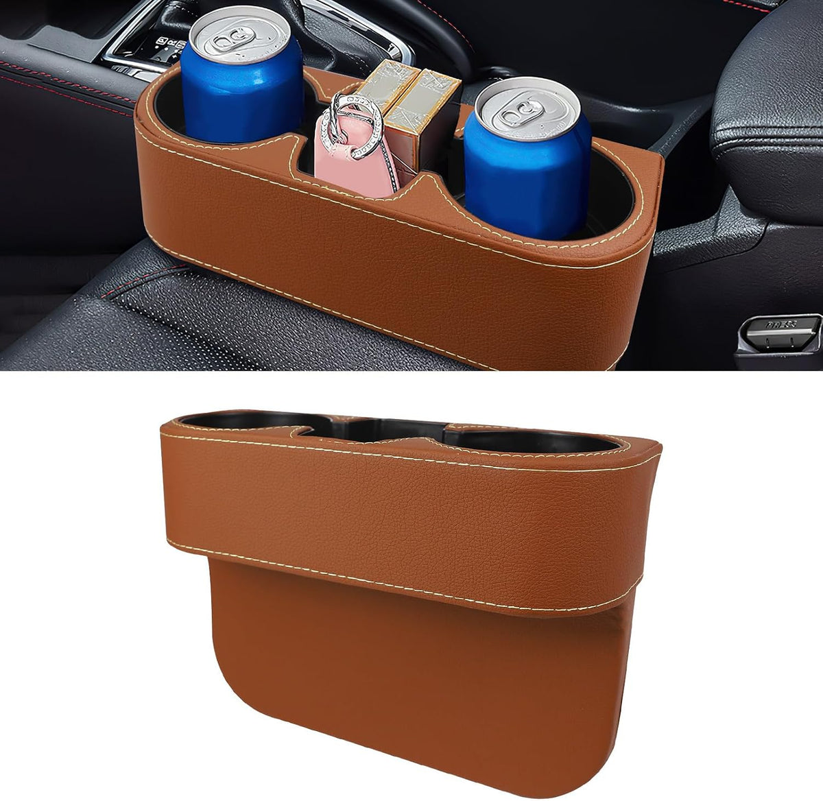 Car Cup Holder, Multifunctional Auto Drink Holder Gap Filler Storage Box, Leather Car Seat Organizer with Cup Holder, Universal Vehicle Front Seat Organizer for Bottle Phone (Black)