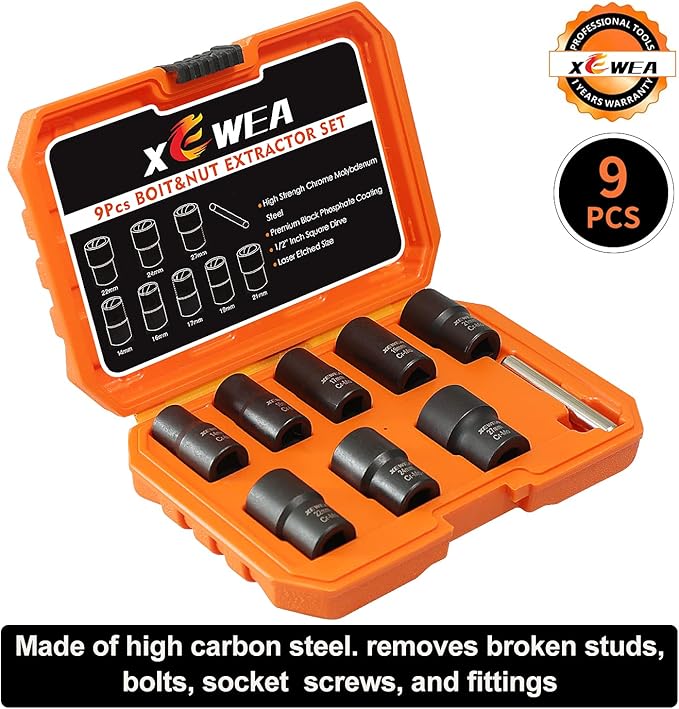 XEWEA 9PCS Lug Nut Extractor Set, 1/2" Drive Impact Bolt Remover Socket Tool, Wheel Lock Removal Kit, Easy Out Extractor Set for Damaged, Frozen, Rusted, Rounded-Off Bolts, Father's Day Gift