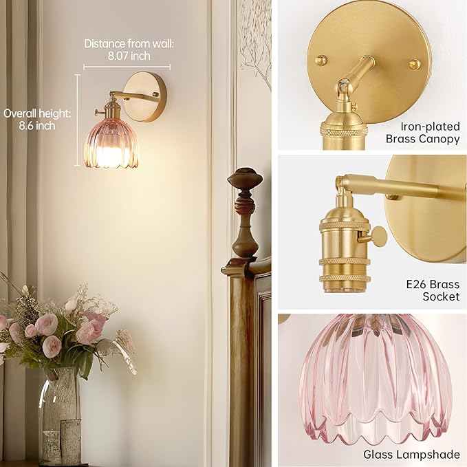 Vintage 5000 mAh Battery Operated Wall Sconce with Pink Clear Tulip Glass Lampshade Rechargeable Battery Powered Wall Light with Remote Control for Bedroom Doorway, Set of 2