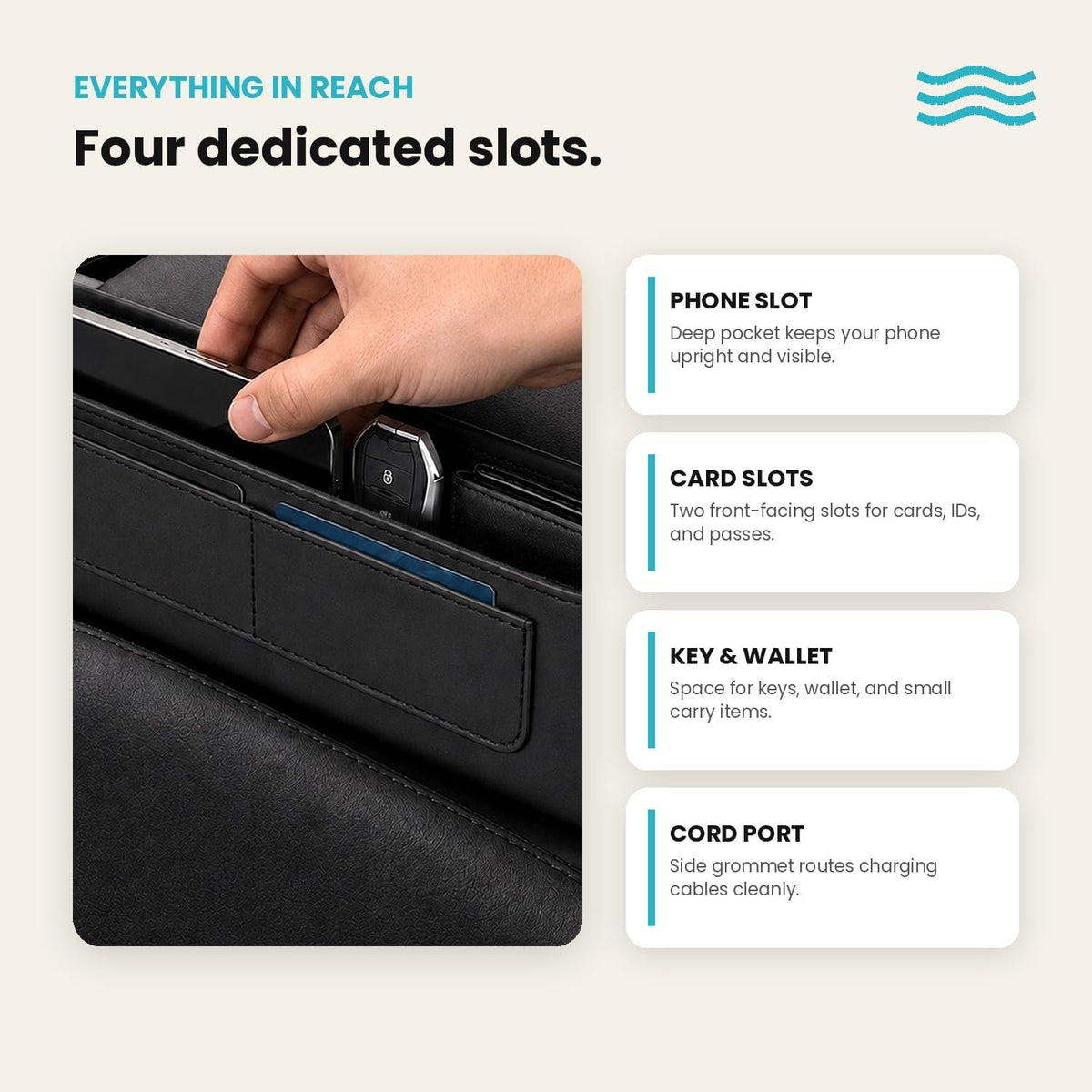 Kitewave Car Seat Gap Filler, Premium PU Leather Front Seat Gap Filler Organizer with Card Slots & Cable Pass-Throughs, Fits Between Seat and Console, Fits Mid-size to Large-size Cars, SUVs, & Trucks