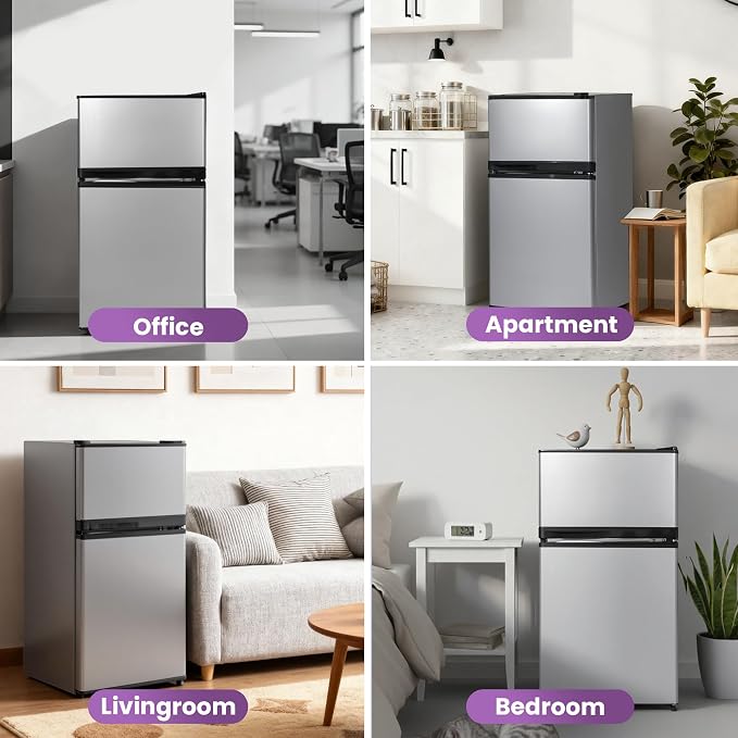 Tehanld 3.6 Cu.Ft Mini Fridge with Freezer for Dorm Office, Silver | Double Door Compact Refrigerator with Low Noise Technology, Removable Shelves for Bedroom and Apartment Storage