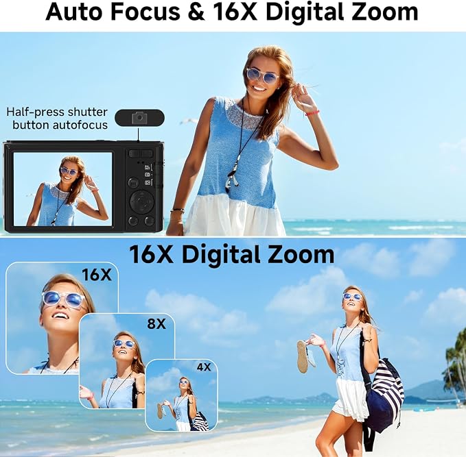 Digital Camera, FHD 4K 44MP Digital Camera, 16X Digital Zoom, Digital Point and
