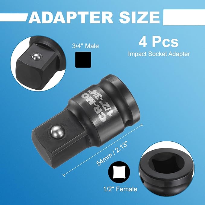 HARFINGTON 4pcs Impact Socket Adapter 1/2" Female to 3/4" Male Square Drive Increaser Standard SAE CR-MO Steel Converter Impact Driver Ratchet Wrench Breaker Bar Conversion, Black