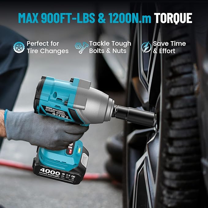 1/2 Impact Wrench 1200N.m, 1/2 Impact Gun & 2x 21V 4000mAh Batteries, Fast Charger, 4 Sockets & Storage Box, High Torque Impact Drive for Lug Nuts, Cars, Tires