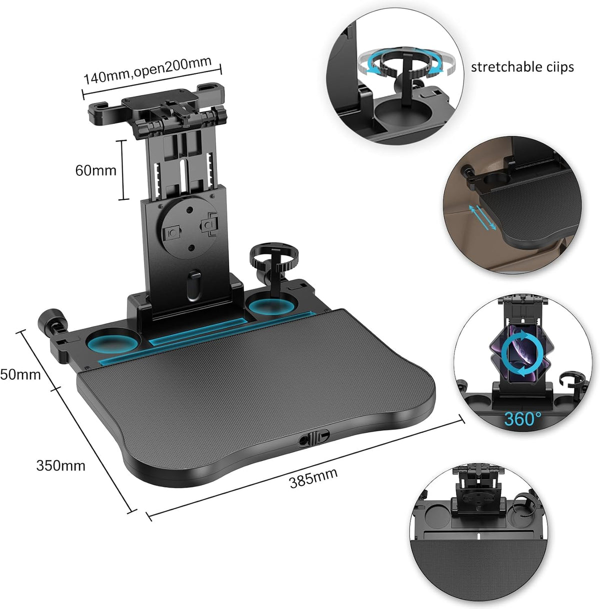 Car Seat Tray Table - Foldable Car Kids Passenger Roadtrip Eating Food Backseat Travel Trays Dinning Working Laptop Desk with Non-Slip Pad/Phone/Tablet Holder