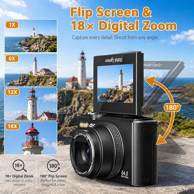 4K Digital Camera for Photography, 64MP Vlogging Camera for YouTube