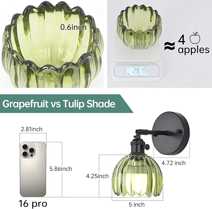 Vintage Battery Operated Wall Sconce with Green Tulip Glass Lampshade Rechargeable Battery Powered Black Wall Light with Remote Control for Bedside Bedroom Doorway, Set of 2