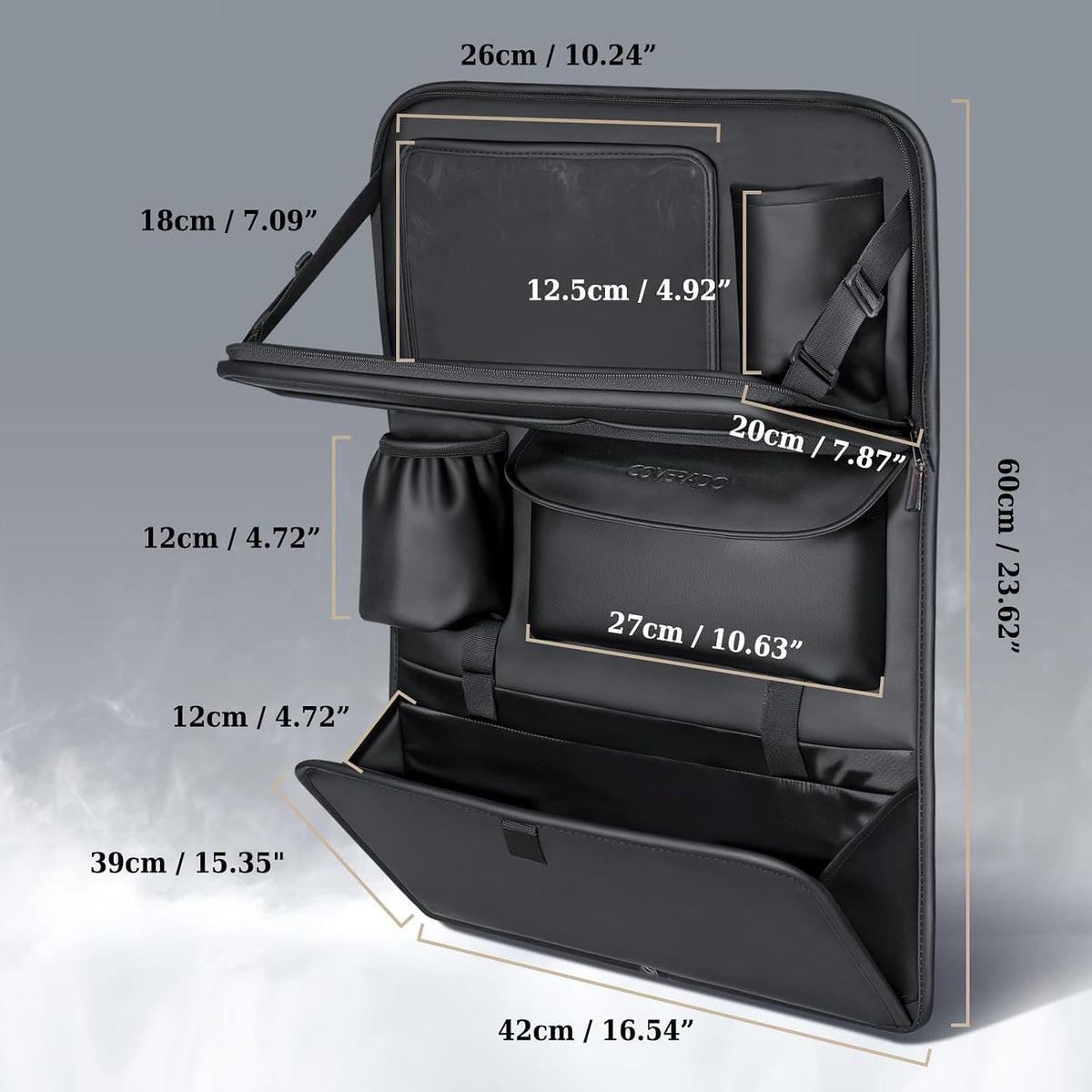 Coverado Backseat Car Organizer, Nappa Leather Car Seat Organizer with Touch Screen Tablet Holder, Foldable Food Tray, Kick Mats Protector, Multi Car Storage Accessories, Garbage Bag Holder-1 Pack