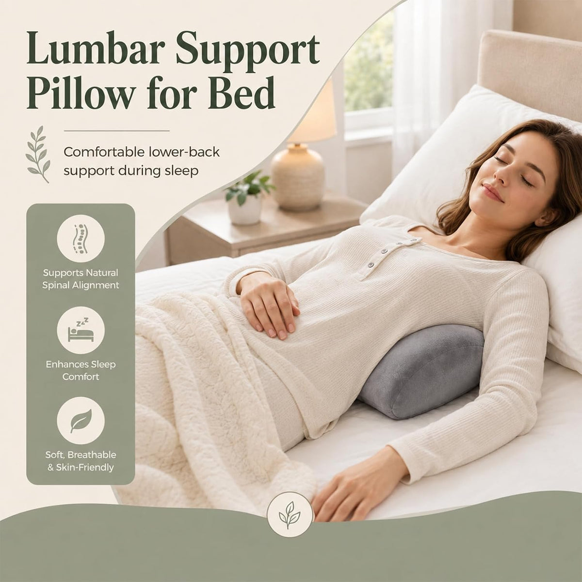 Lumbar Support Pillow for Bed, 19.7x7.9x3.9 in Ergonomic Sleep Cushion | Wraparound lower back support for side sleepers. Use in bed, office chair, or car seat. Multi-positional design for comfort