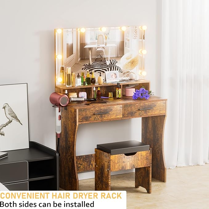 Makeup Vanity with Lighted Mirror & Power Outlet, Makeup Table Vanity Set with 3 Lighting Colors, Brightness Adjustable, Brown
