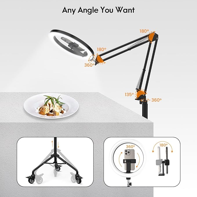 LUXSURE Tripod for iPhone with Ring Light, Overhead Camera Mount with Casters