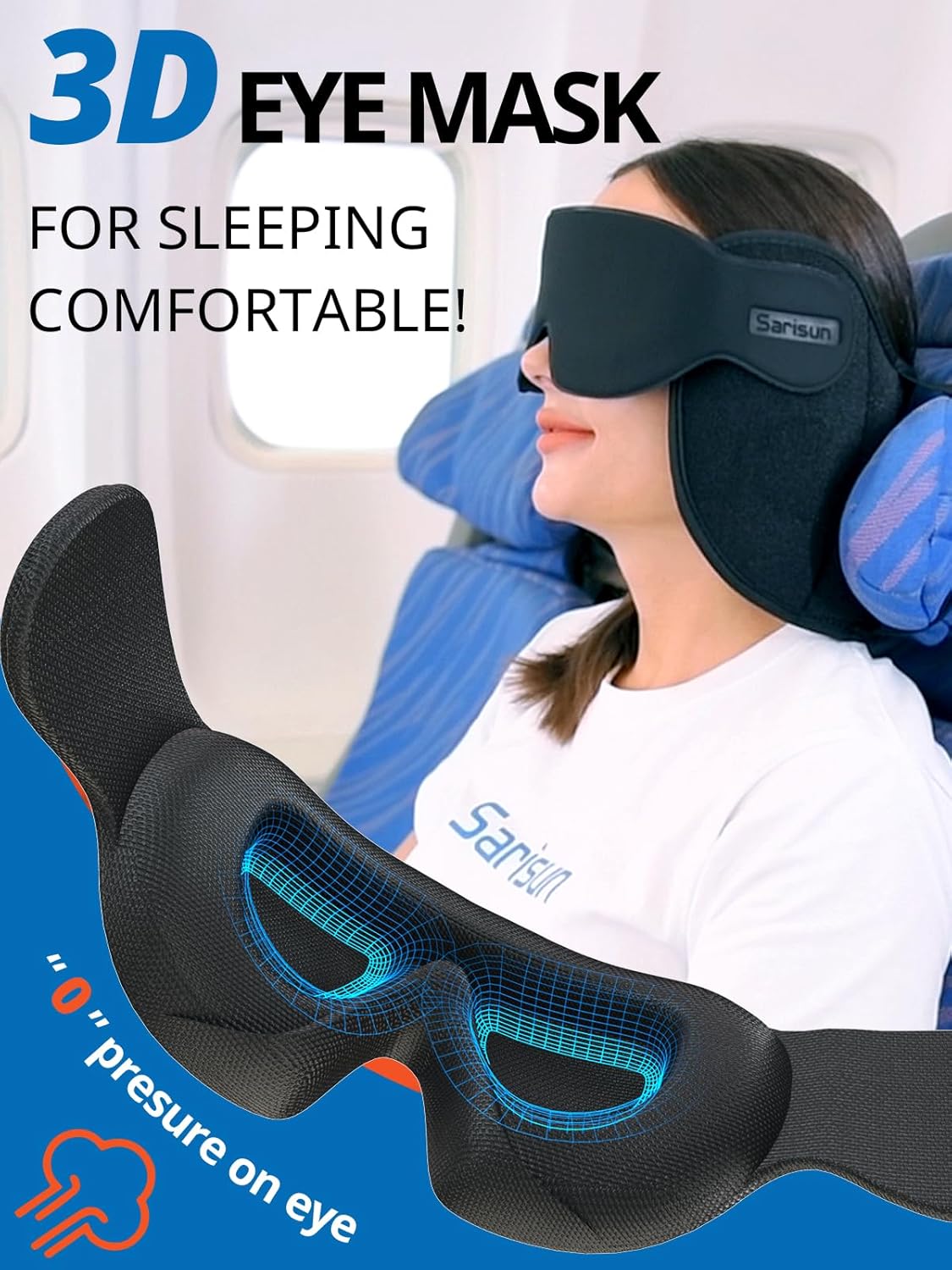 SARISUN Upgraded Travel Pillow, U-Shaped Airplane Headrest with Head Strap for All Heights, 360 Support, 3D Sleep Mask, 100% Light Blocking, Memory Foam, Long Flights Essentials, Stop Bobblehead, Grey