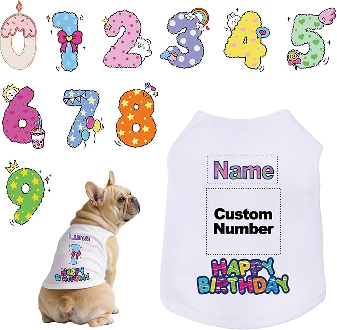 Custom Dog Birthday Shirt,Personalized Pet Apparel Print with Name Age Number,Pet Birthday Outfit,Lightweight Breathable Cotton Vest for Small Medium Large Dogs Cat (White, Small)