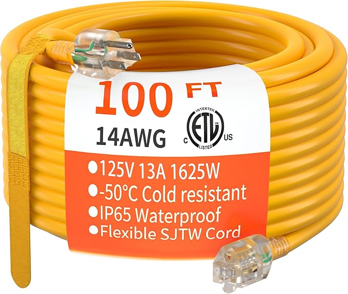 HUANCHAIN 100 ft 14/3 Gauge Heavy Duty Outdoor Extension Cord Waterproof with Lighted, Flexible Cold Weather 3 Prong Electric Cord Outside, 13A 1625W 125V 14AWG SJTW, Yellow, ETL Listed