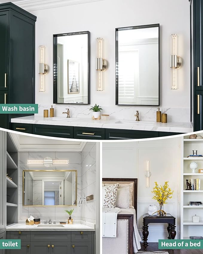 Bathroom Vanity Light Fixture, 2-Light Brushed Nickel Wall Sconce Lighting Fixture with Clear Glass, Indoor E26 Socket Silver Wall Lamp for Mirror Living Room Hallway, 2 Pack
