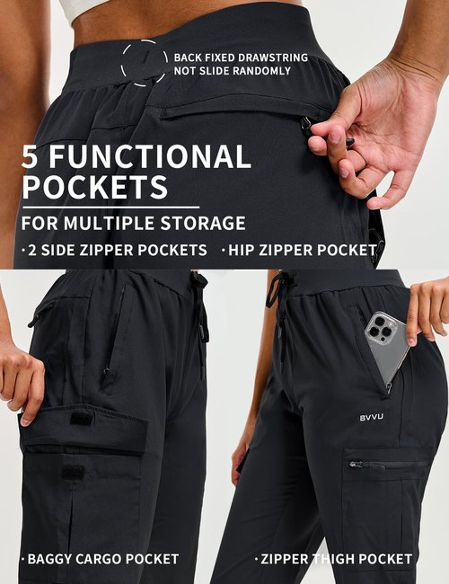 BVVU Women's Hiking Pants - Lightweight Quick-Dry Outdoor Cargo Joggers with Zipper Pockets