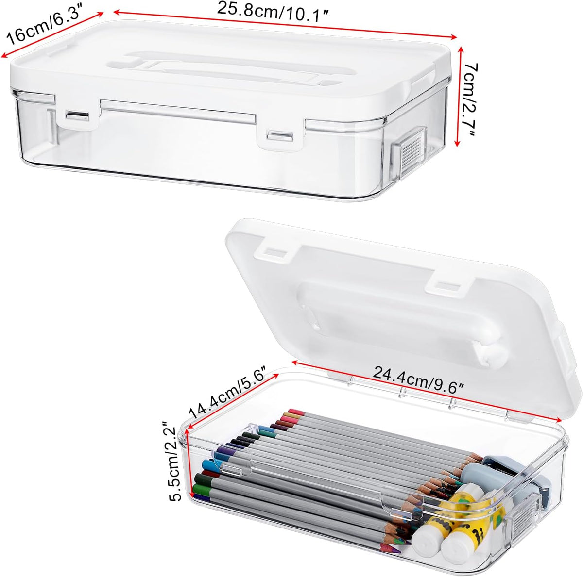BTSKY Clear Plastic Storage Container with Lid & Handle, Multipurpose Craft Organizers and Storage Box, Easy Carry & Stack Flat Storage Box for Pencils Markers Crayons Sticky Notes, 1 Pack