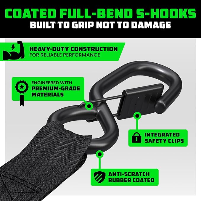 Rhino USA Ratchet Straps Heavy Duty Kit (4-Pack) - 1.6 Inch x 8 Feet Min Break Strength (5,000) - Ultimate Tie Down Straps with Safety S Hooks for Trucks, ATV, UTV, Motorcycle, Cargo & More - Black