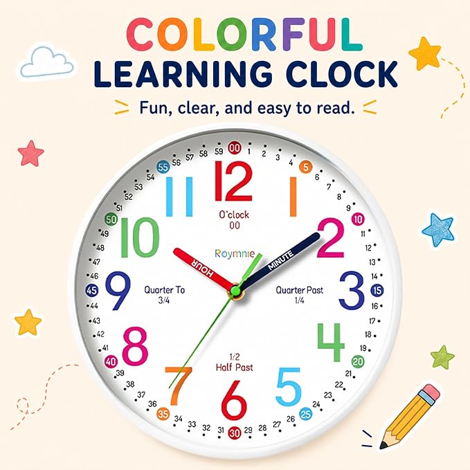 Roymnie Wall Clock 8 Inch for Kids Learning to Tell Time Easily Non Ticking