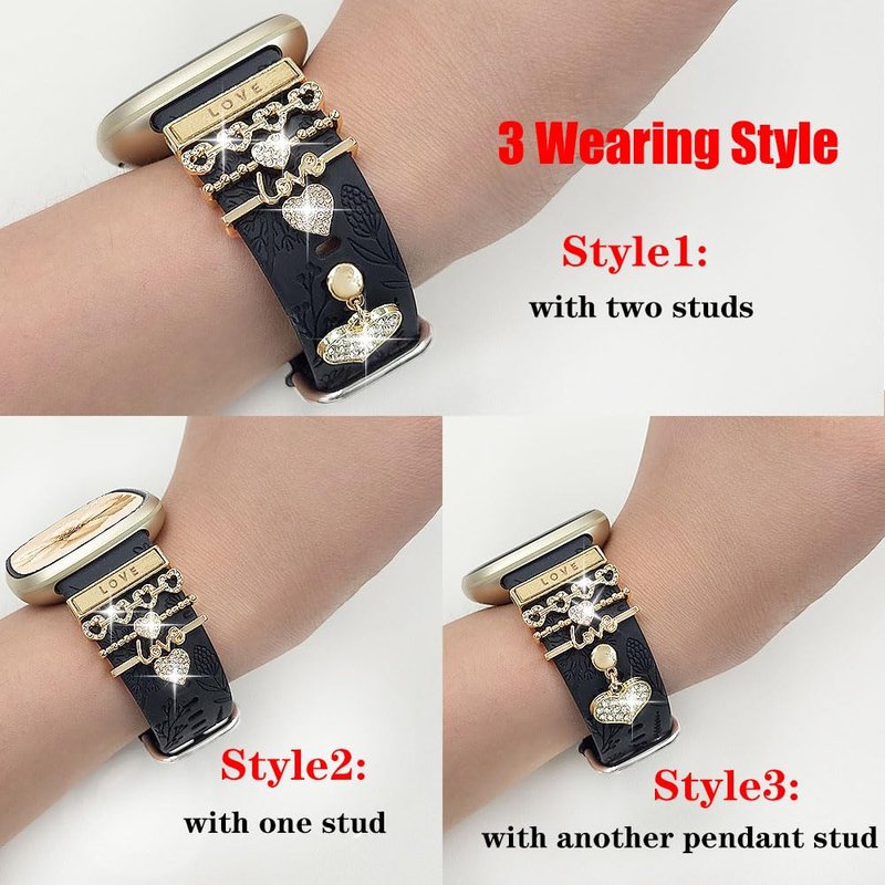 REALSIGN Floral Engraved Band and Decorative Ring Loops Compatible with Fitbit Versa 3/Versa 4/Sense/Sense 2 Bands Women,Stylish Silicone Band with Bling Cute Stud Charms Pendant Strap (Love Gold/Black)