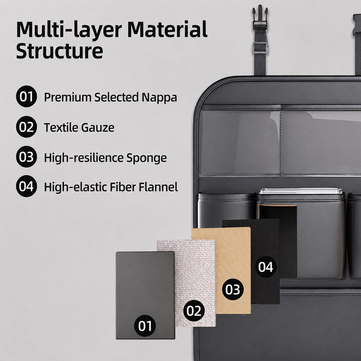 Leather Car Seat Back Organizer, Backseat Kick Mat Protector with Clear Touchscreen Tablet Holder, Cup Holder, Tissue Holder and Storage Pockets, Fits Cars SUVs Minivans, Black