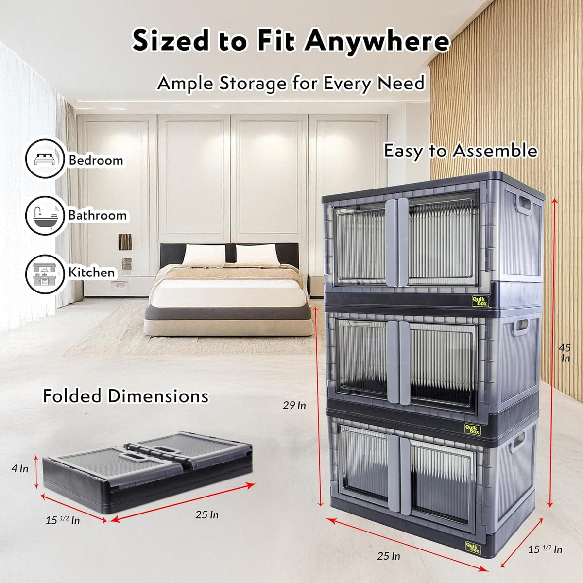 FELICON 19 Gallon 3 Pack Folding Stackable Storage Bins with Lids-Black | Doors,Wheels,Collapsible Organizer Foldable Container,Wardrobe Closet for Bedroom Living Room Neat,Dorm,Organized Homes