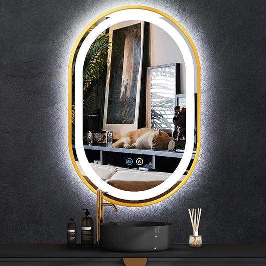 16 x 24 Inch Gold Oval LED Vanity Mirror with Lights Smart Memory 3 Color Dimmable Anti-Fog 24 Inch Gold Frame Oval Lighted Mirror for Bathroom Wall LED Ovals Mirror with Lights Golden Frame