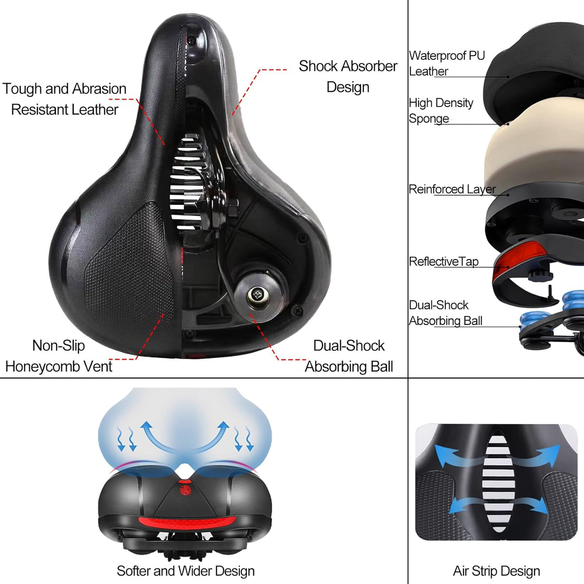 TOPCABIN Comfort Bike Saddle - Dual Shock Absorbing, Thickened Memory Foam, Waterproof | Universal Replacement for Indoor Cycling