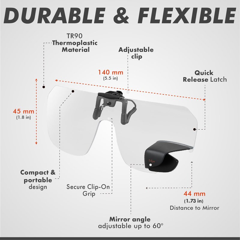 TriEye View Clip On Sunglasses with Rear View Mirror – Clip On Sunglasses Over Prescription Glasses, Flip Up Cycling Eyewear for Men & Women – Clear Lens, 145mm Fit