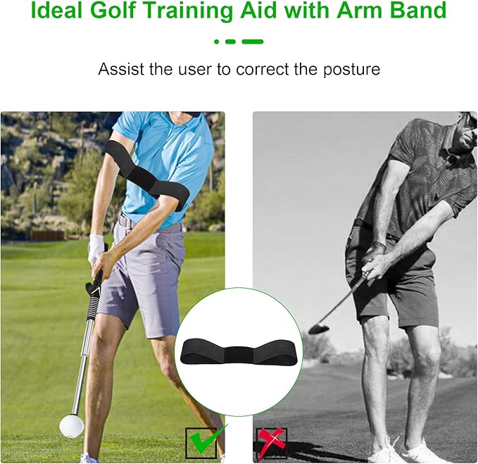 Retractable Golf Swing Trainer - Golf Swing Training Aid, Non-Slip Golf Grip Trainer, Strength & Tempo Training, Golf Alignment Sticks & Arm Band, Indoor Outdoor Golf Swing Practice