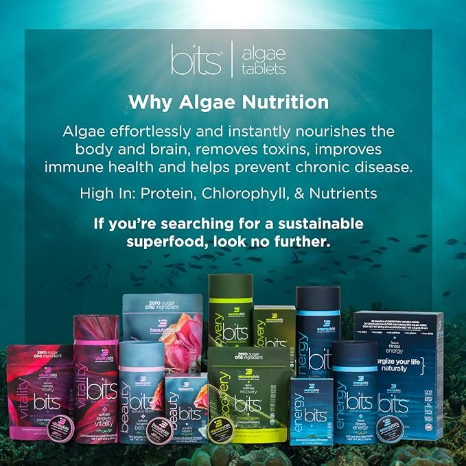 ENERGYBITS - Organic Spirulina Tablets - Plant-Based Algae Superfood - for Focus, Fitness, Energy - Plant Protein - Gluten Free - Collagen, Vitamin B12, Omega 3 - Keto & Vegan - 900 Algae Tablets